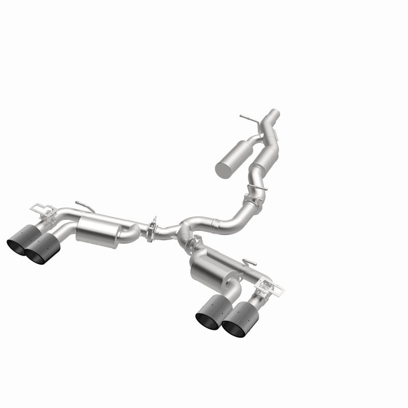 MagnaFlow 19617 neo series cat-back exhaust, opposite front three-quarter view of the turntable spin
