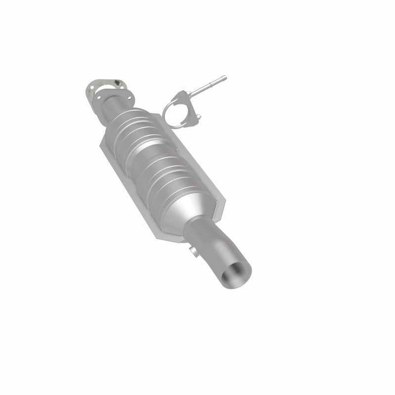 MagnaFlow 52228 oem grade direct-fit catalytic converter, rear three-quarter view of the turntable spin