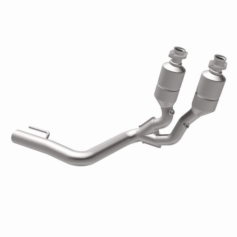 MagnaFlow 458053 carb direct-fit catalytic converter, opposite rear three-quarter view of the turntable spin