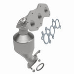 MagnaFlow 52017 oem grade manifold converter, opposite front three-quarter view of the turntable spin