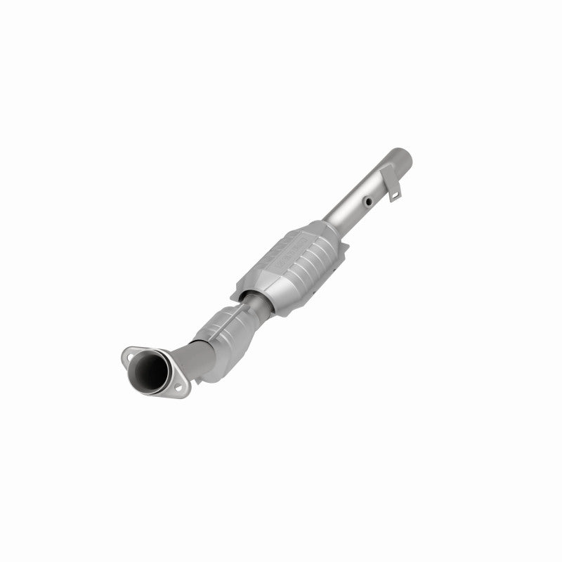 MagnaFlow 93329 hm grade direct-fit catalytic converter, opposite front three-quarter view of the turntable spin