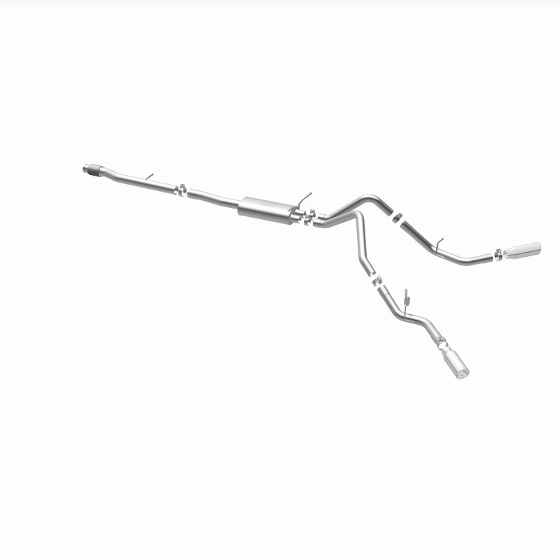 MagnaFlow 15269 street series cat-back exhaust, opposite rear three-quarter view of the turntable spin