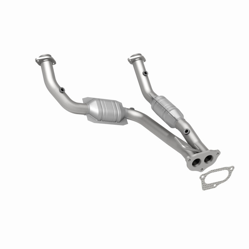 MagnaFlow 458023 carb direct-fit catalytic converter, rear three-quarter view of the turntable spin