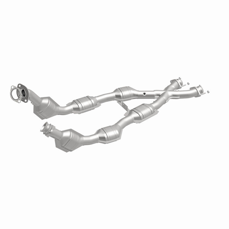 MagnaFlow 93348 hm grade direct-fit catalytic converter, front three-quarter view of the turntable spin