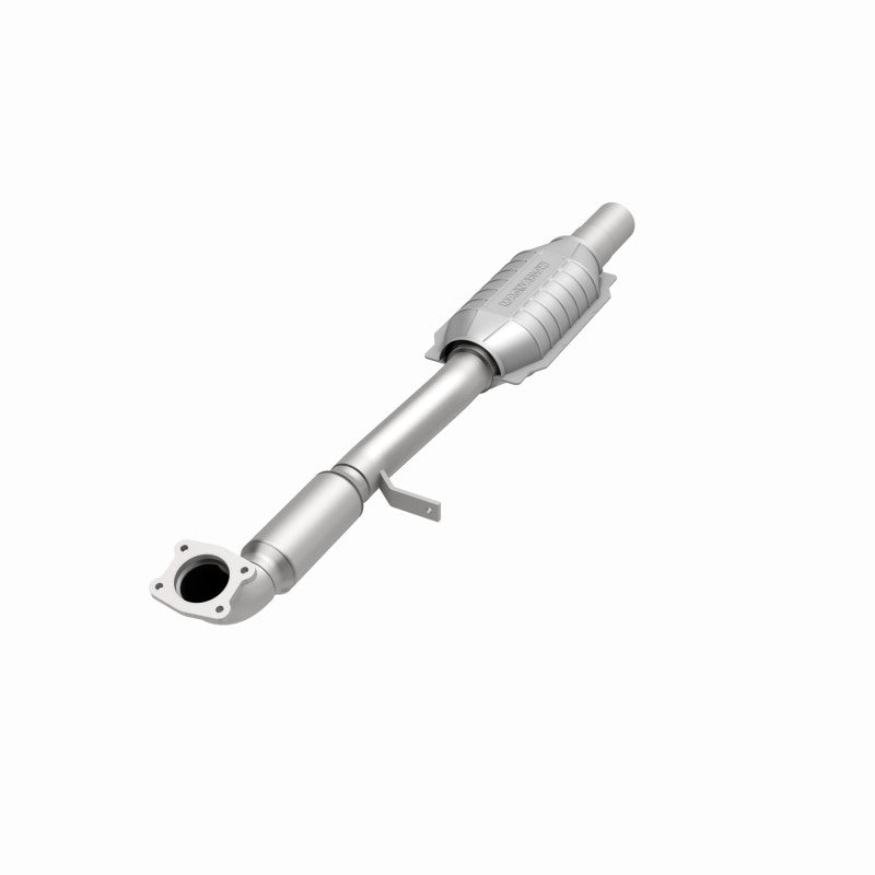 MagnaFlow 49528 oem grade direct-fit catalytic converter, opposite front three-quarter view of the turntable spin