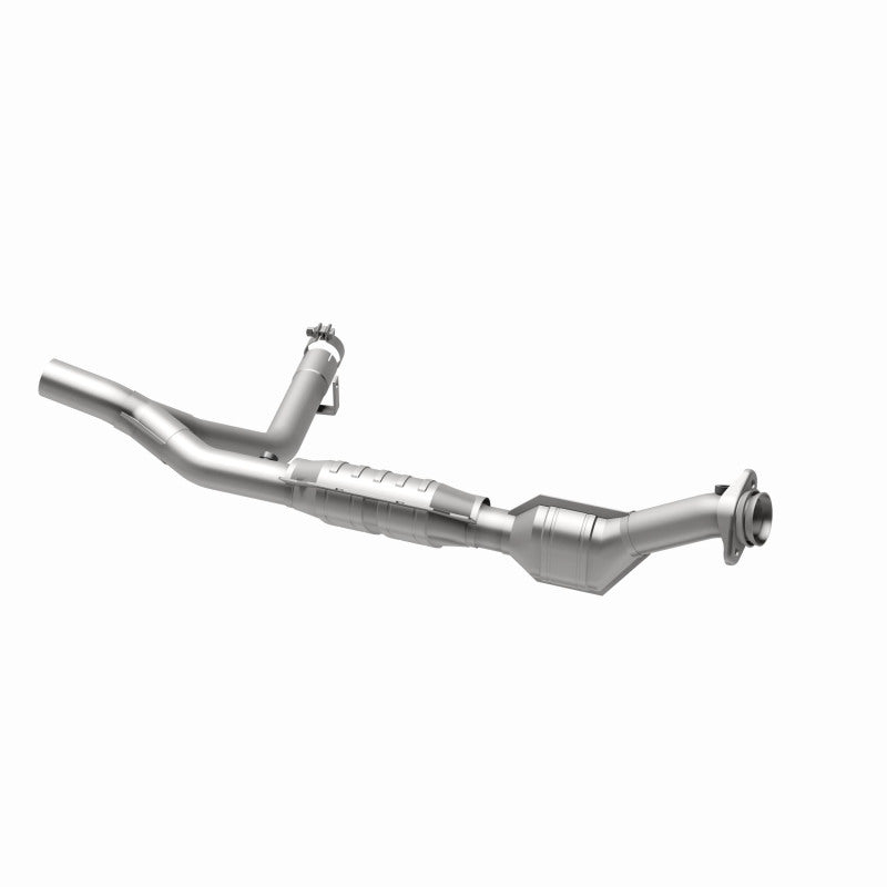 MagnaFlow 447126 carb direct-fit catalytic converter, opposite rear three-quarter view of the turntable spin