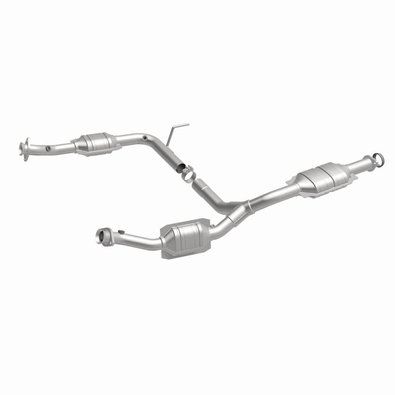 MagnaFlow 93372 hm grade direct-fit catalytic converter, front three-quarter view of the turntable spin