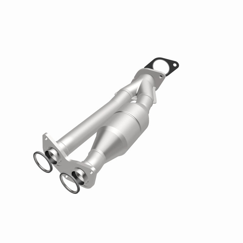 MagnaFlow 23772 hm grade direct-fit catalytic converter, opposite front three-quarter view of the turntable spin