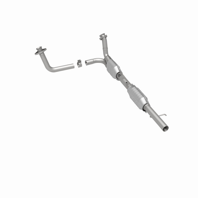 MagnaFlow 447251 carb direct-fit catalytic converter, rear three-quarter view of the turntable spin