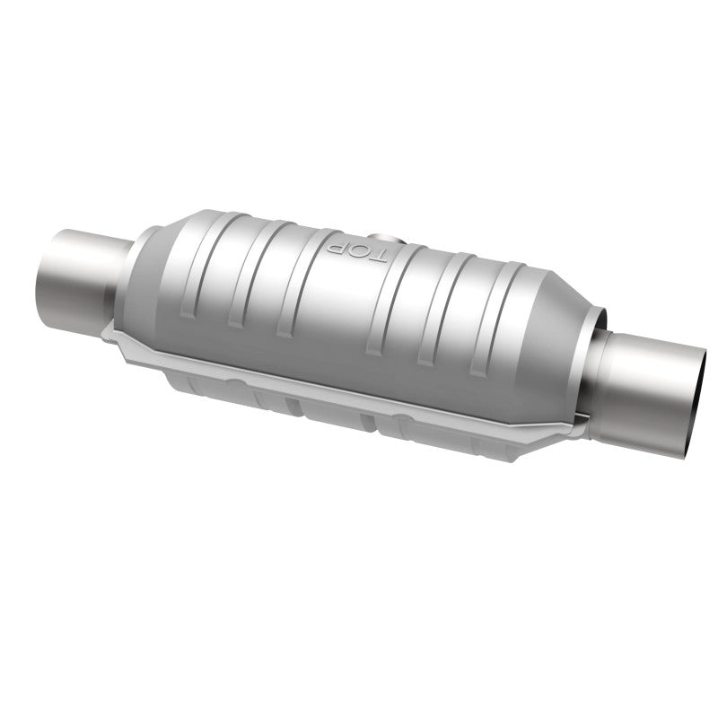 MagnaFlow 451255 universal catalytic converter, opposite rear three-quarter view of the turntable spin