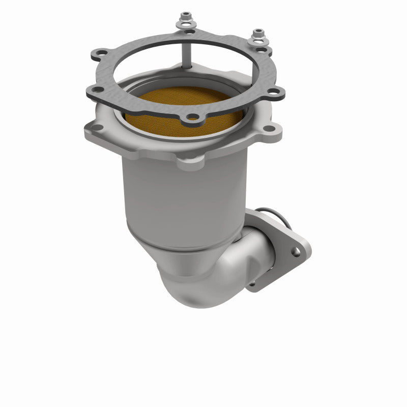 MagnaFlow 444311 carb direct-fit catalytic converter, opposite front three-quarter view of the turntable spin