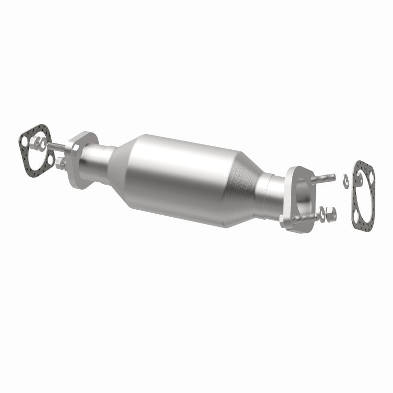 MagnaFlow 5561823 carb direct-fit catalytic converter, opposite rear three-quarter view of the turntable spin