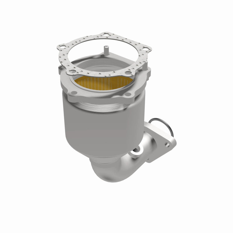 MagnaFlow 452231 carb direct-fit catalytic converter, opposite front three-quarter view of the turntable spin