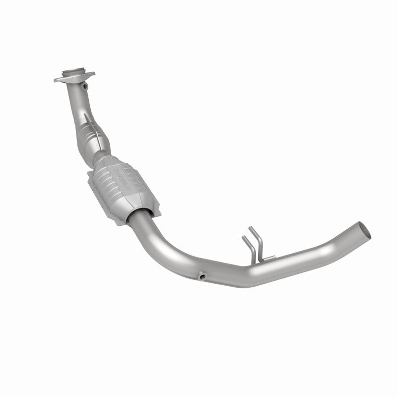 MagnaFlow 447117 carb direct-fit catalytic converter, rear three-quarter view of the turntable spin