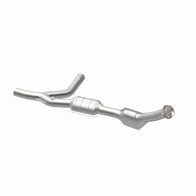 MagnaFlow 447180 carb direct-fit catalytic converter, opposite rear three-quarter view of the turntable spin