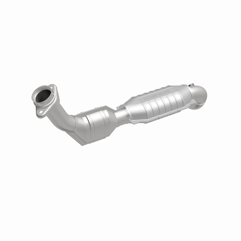 MagnaFlow 23028 hm grade direct-fit catalytic converter, front three-quarter view of the turntable spin