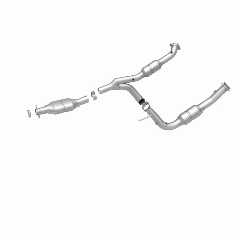 MagnaFlow 447243 carb direct-fit catalytic converter, rear three-quarter view of the turntable spin