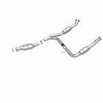 MagnaFlow 447243 carb direct-fit catalytic converter, rear three-quarter view of the turntable spin