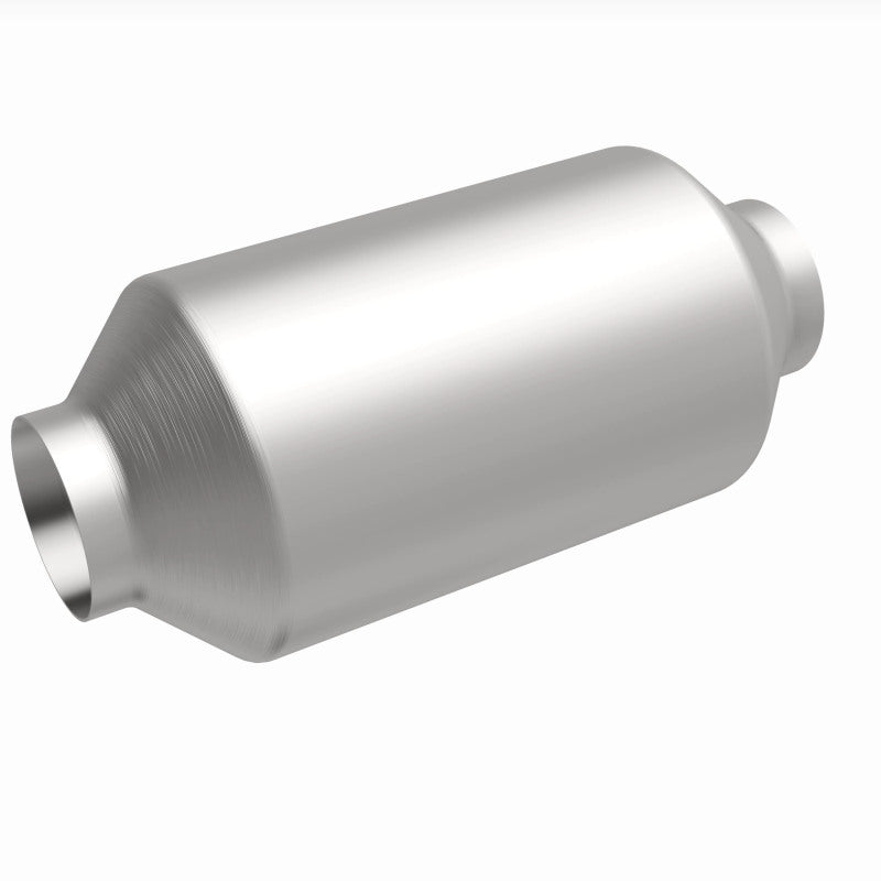MagnaFlow 51809 universal catalytic converter, front three-quarter view of the turntable spin
