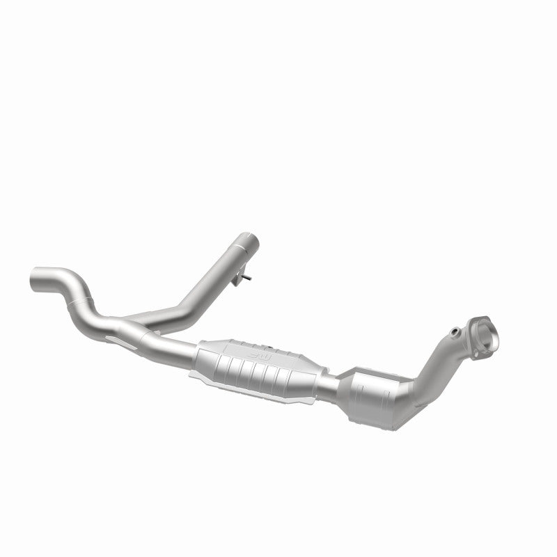 MagnaFlow 93626 hm grade direct-fit catalytic converter, opposite rear three-quarter view of the turntable spin