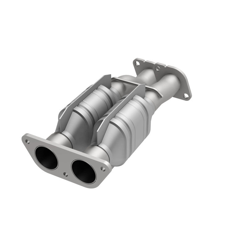 MagnaFlow 23310 hm grade direct-fit catalytic converter, opposite front three-quarter view of the turntable spin