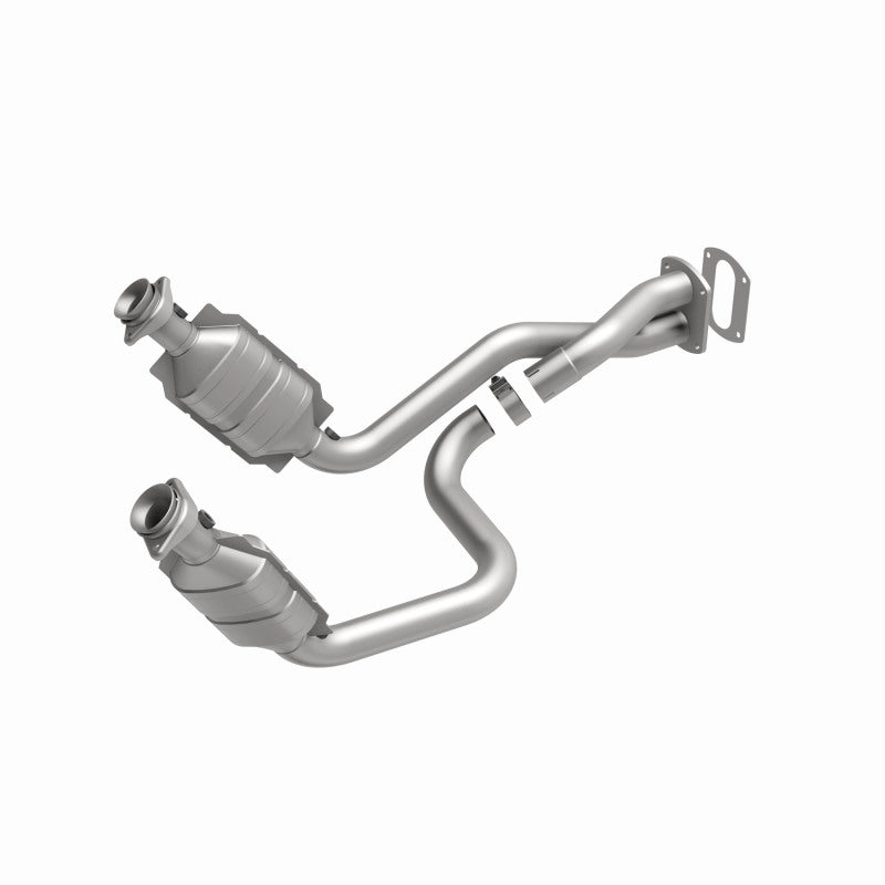 MagnaFlow 49911 oem grade direct-fit catalytic converter, front three-quarter view of the turntable spin