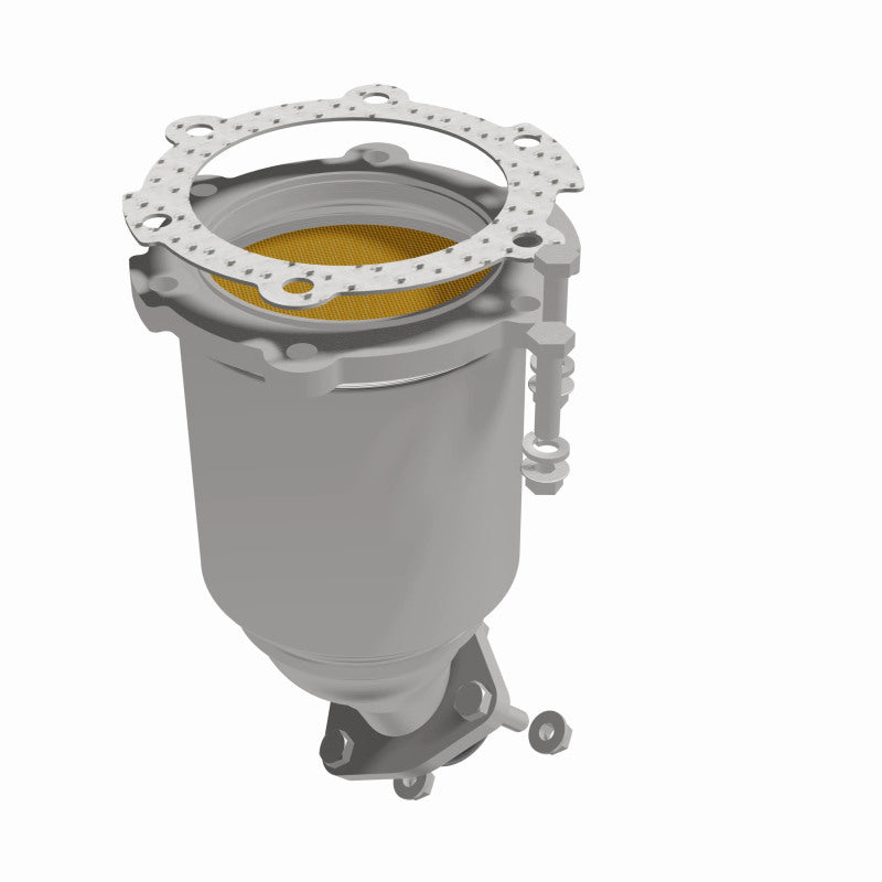 MagnaFlow 52652 oem grade direct-fit catalytic converter, front three-quarter view of the turntable spin
