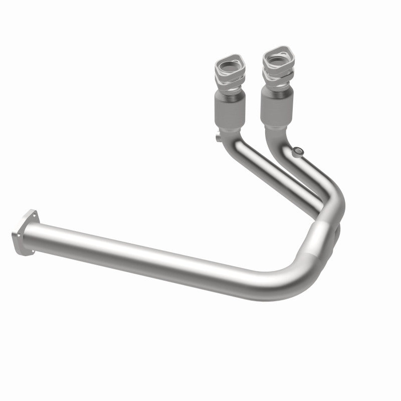 MagnaFlow 447188 carb direct-fit catalytic converter, opposite rear three-quarter view of the turntable spin