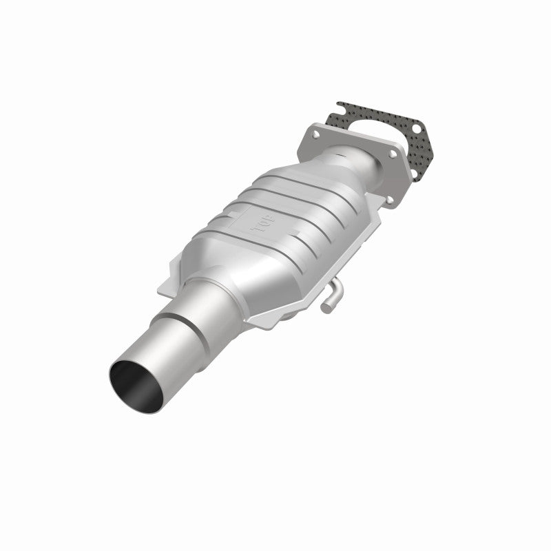 MagnaFlow 93439 epa direct-fit catalytic converter, opposite front three-quarter view of the turntable spin