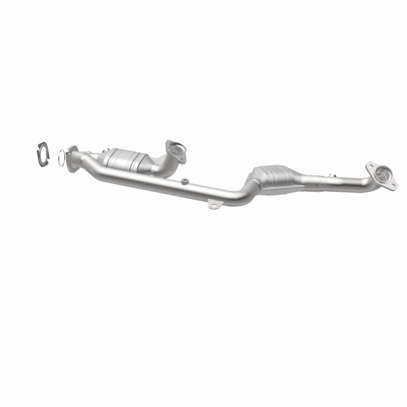 MagnaFlow 441122 carb direct-fit catalytic converter, opposite rear three-quarter view of the turntable spin
