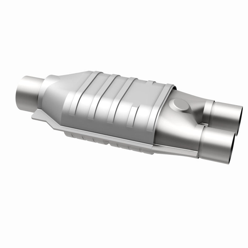 MagnaFlow 447107 universal catalytic converter, opposite rear three-quarter view of the turntable spin
