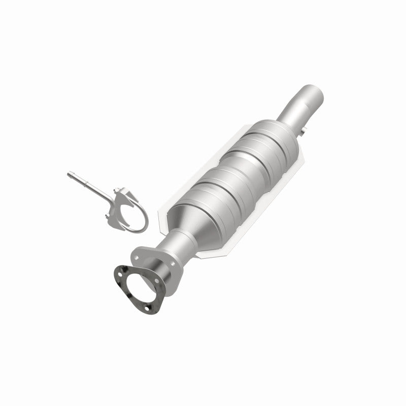 MagnaFlow 52228 oem grade direct-fit catalytic converter, opposite front three-quarter view of the turntable spin
