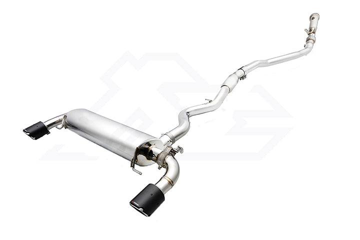 A top view of Fi EXHAUST Valvetronic Cat-Back System for BMW G20 / G21 330i B48 2019+ with white background