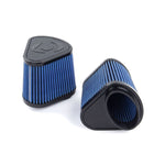 A front view of Dinan Cold Air Intake for for BMW air filters, with one air filter standing up and one lying down with white background