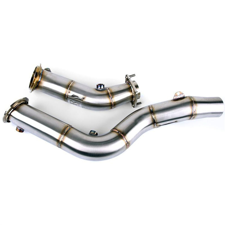 A top view of Evolution Racewerks Competition Series Catless Downpipes BMW M3/M4 S55 Engine in Brush finish with white background