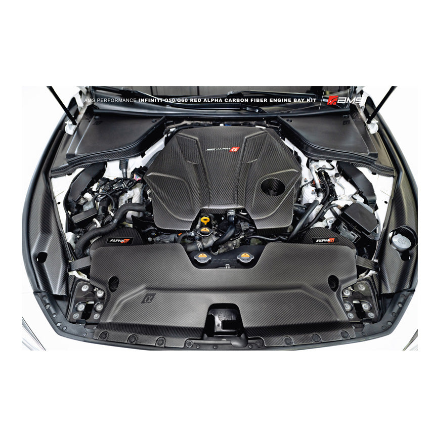 AMS Performance Red Alpha Matte Carbon Engine Cover for Infiniti Q50 / Q60 2016-2021