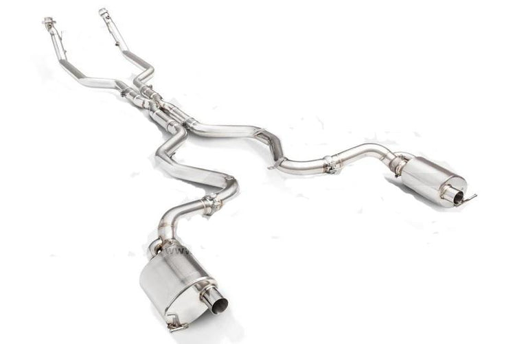 A top view of FI Exhaust Valvetronic Cat-Back System For Mercedes-Benz vehicles with white background