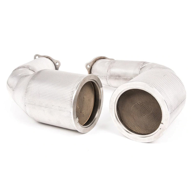 A front view of Milltek Large Bore Downpipes w/ Hi Flow Cats for Audi RS5 B9/B9.5 2018+ with white background