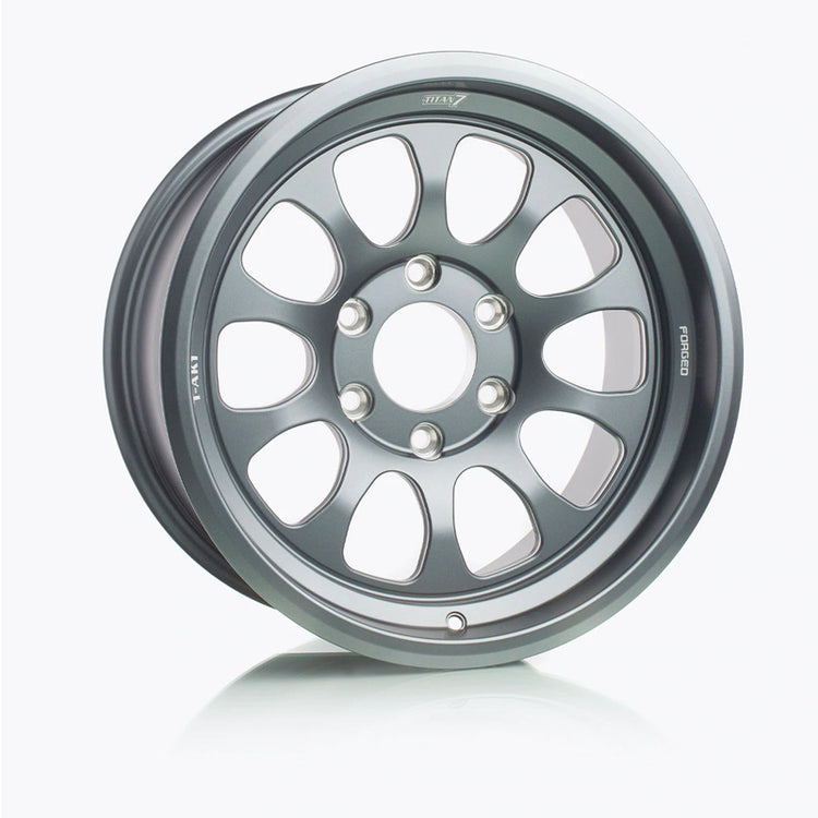 A side view of Titan 7 T-AK1 Forged Off Road Wheels in Satin Titanium for Ford F150 Raptor (4 Wheels) 2017-2022