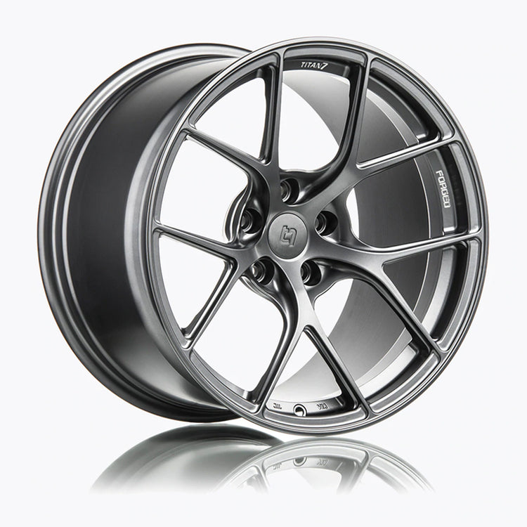 A side view of Titan 7 T-S5 Forged Split 5 Spoke Exotic Wheels in Satin Titanium for Porsche Taycan 2019-2022