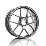 A side view of 7 T-S5 Forged Split 5 Spoke Exotic Wheels in Satin Titanium for Porsche 911 GT3 2014-2019