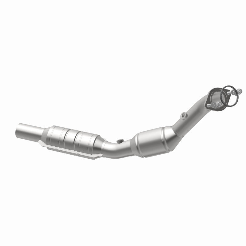 MagnaFlow 551673 carb direct-fit catalytic converter, opposite rear three-quarter view of the turntable spin