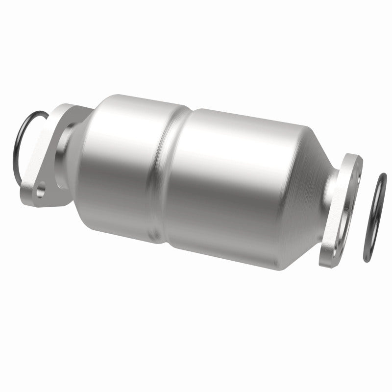 MagnaFlow 338656 carb direct-fit catalytic converter, opposite rear three-quarter view of the turntable spin