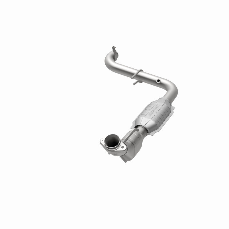 MagnaFlow 447151 carb direct-fit catalytic converter, opposite front three-quarter view of the turntable spin