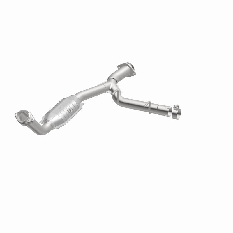MagnaFlow 93125 hm grade direct-fit catalytic converter, opposite front three-quarter view of the turntable spin