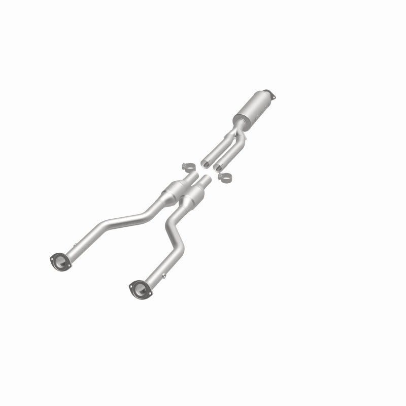 MagnaFlow 5571168 carb direct-fit catalytic converter, opposite front three-quarter view of the turntable spin