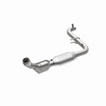 MagnaFlow 93328 hm grade direct-fit catalytic converter, front three-quarter view of the turntable spin