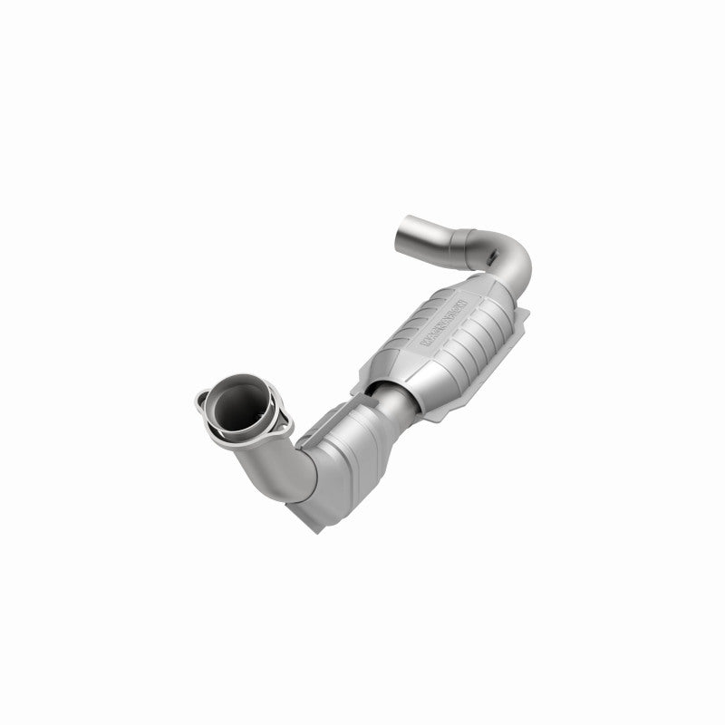 MagnaFlow 93129 hm grade direct-fit catalytic converter, opposite front three-quarter view of the turntable spin