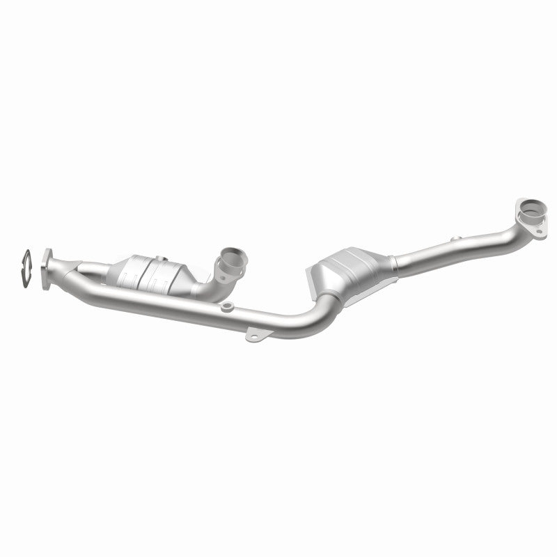 MagnaFlow 441113 carb direct-fit catalytic converter, opposite rear three-quarter view of the turntable spin