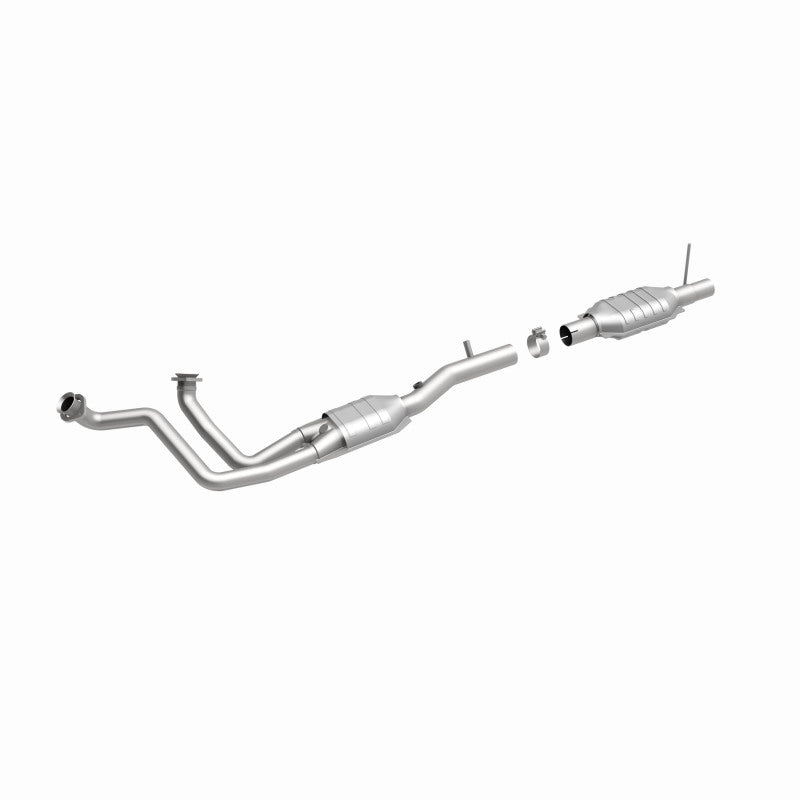 MagnaFlow 93190 hm grade direct-fit catalytic converter, front three-quarter view of the turntable spin